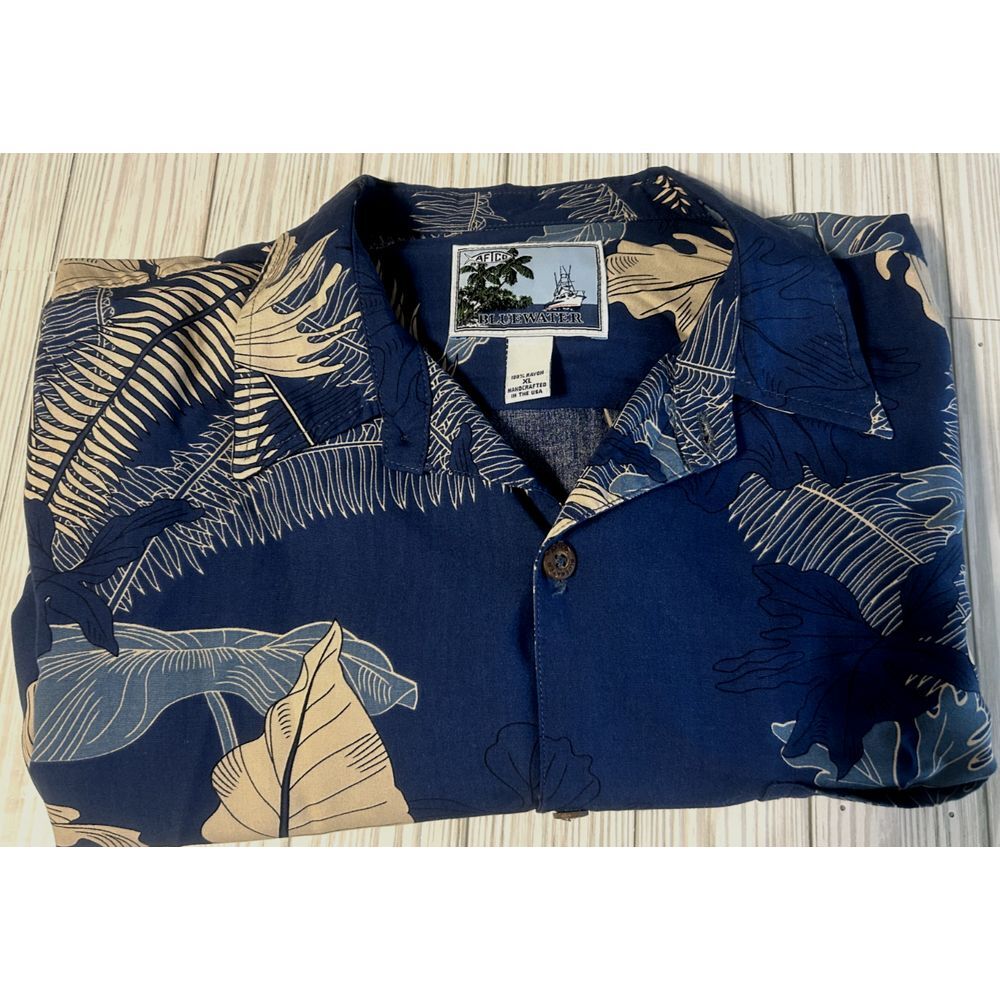 AFTCO Bluewater Floral Leaf Print Hawaiian Shirt Blue All Over Print Men's XL